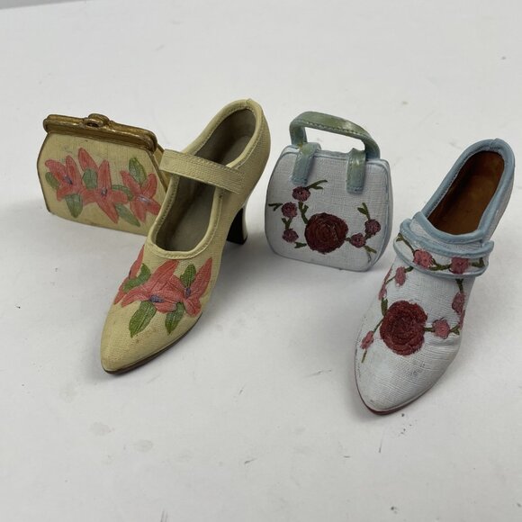 Vintage Miniature Ceramic 3” Shoe And Purse High Heels Floral Lot Of 2 - Picture 1 of 4